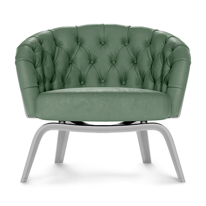 Green solid fabric-upholstered accent chair with button back and curved chrome metal legs.