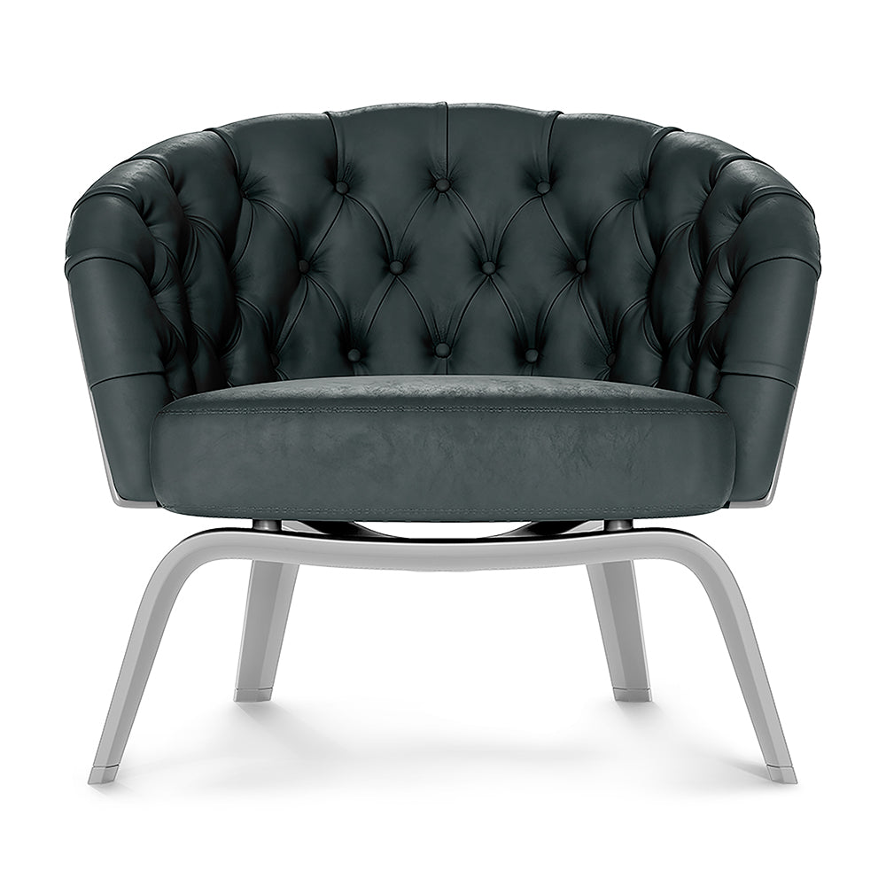 Gray solid fabric tufted barrel chair with curved back and light gray metal sled base.