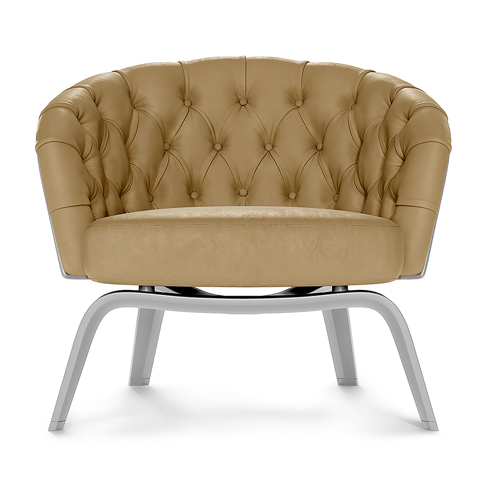 Brown solid fabric club chair with curved back, button tufting, round seat, on silver metal legs.