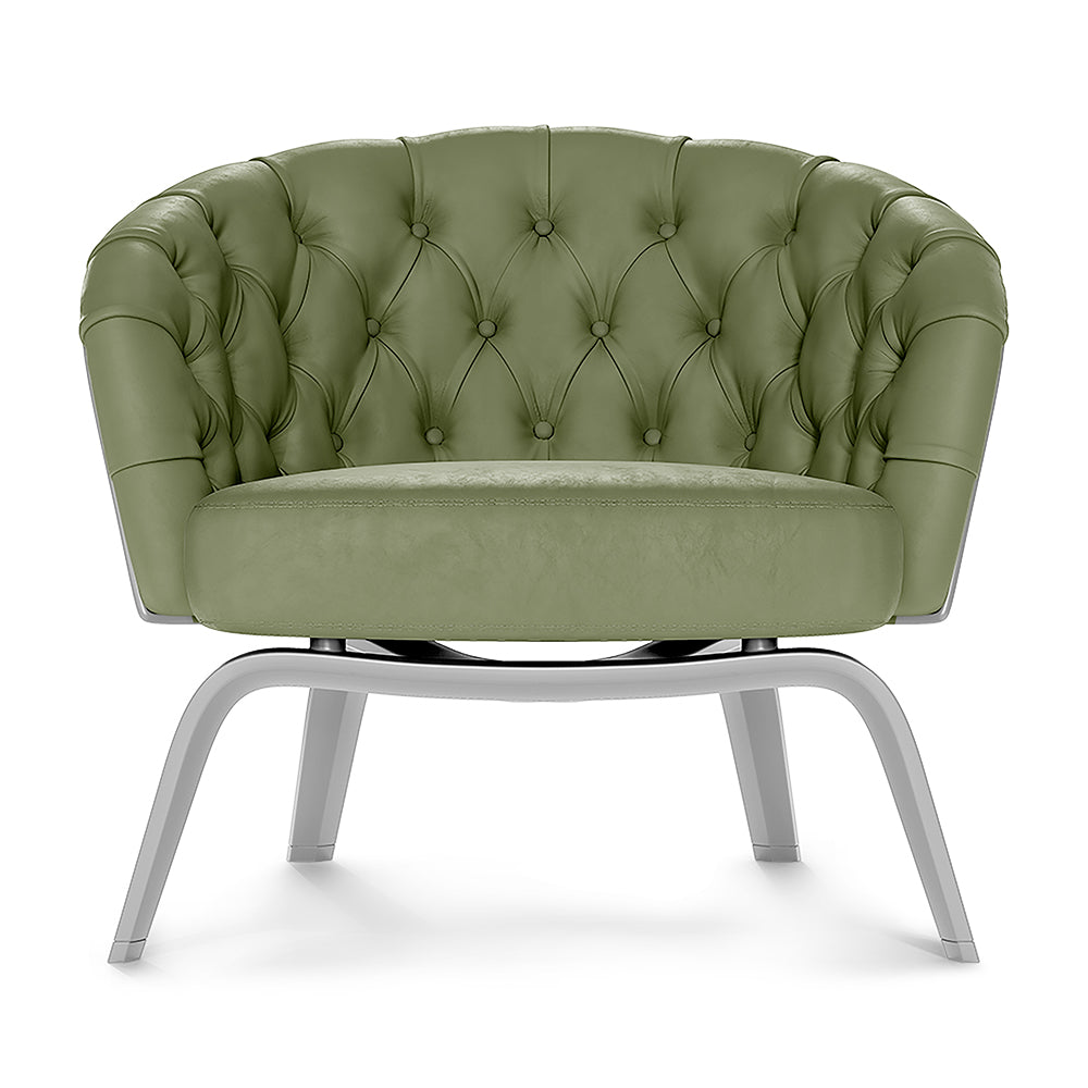 Olive green fabric upholstered lounge chair with curved silver metal pedestal legs.