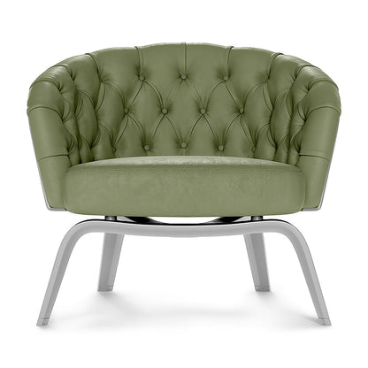 Olive green fabric upholstered lounge chair with curved silver metal pedestal legs.