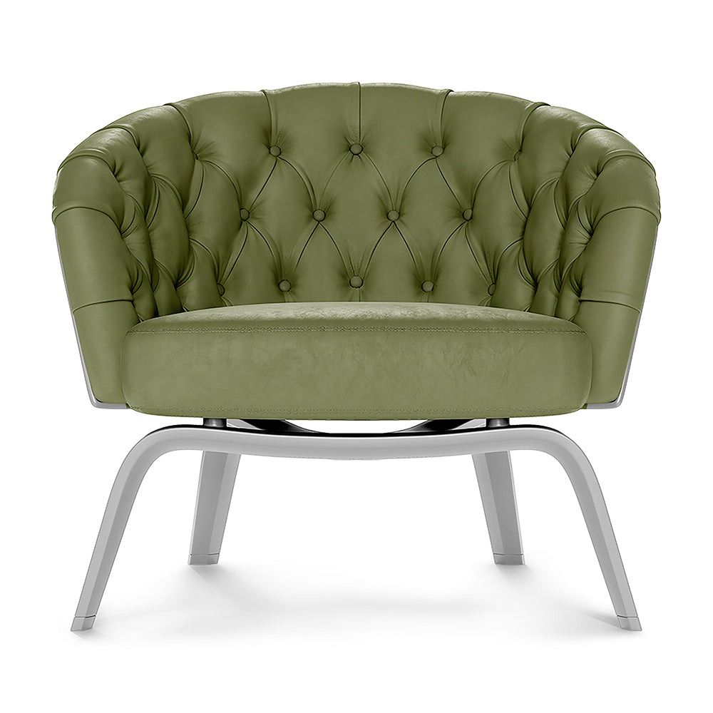 Olive green tufted fabric accent chair with rounded back and chrome curved metal legs.