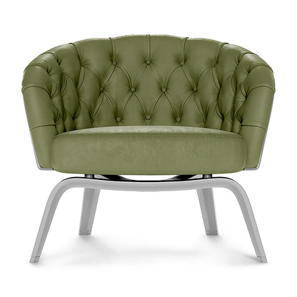 Olive green tufted fabric accent chair with rounded back and chrome curved metal legs.