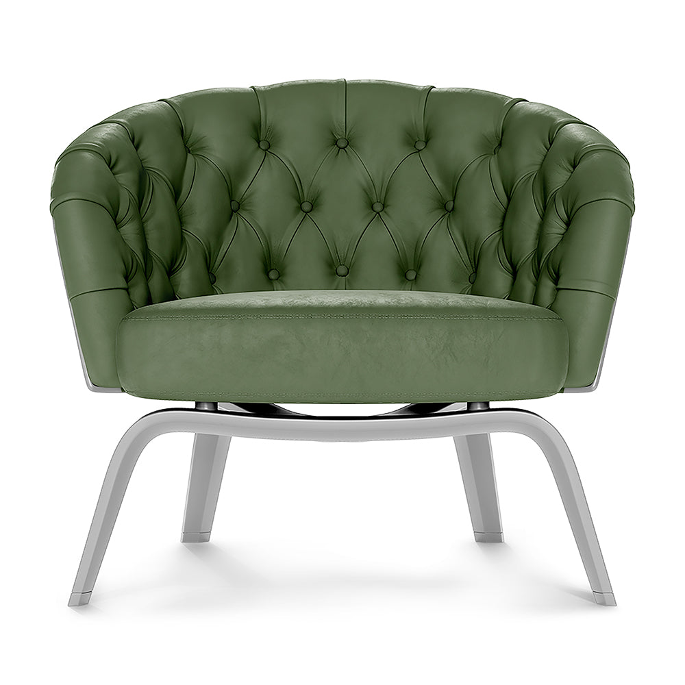 Yellow solid fabric upholstered club chair with rounded back and curved legs.