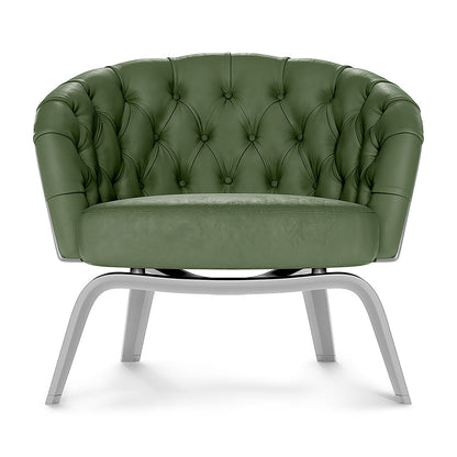 Yellow solid fabric upholstered club chair with rounded back and curved legs.