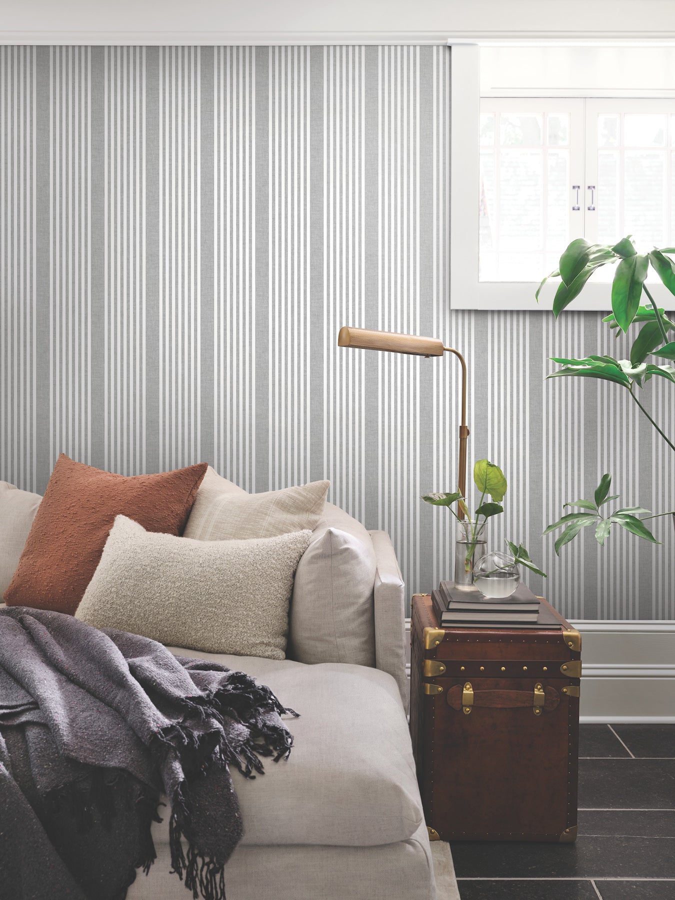 York Wallcoverings Shimmering Finishes French Charcoal Linen Stripe Wallpaper Farmhouse Stripes Greys   - SR1586MH