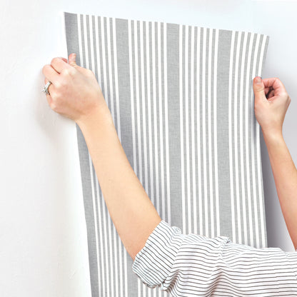 York Wallcoverings Shimmering Finishes French Charcoal Linen Stripe Wallpaper Farmhouse Stripes Greys   - SR1586MH