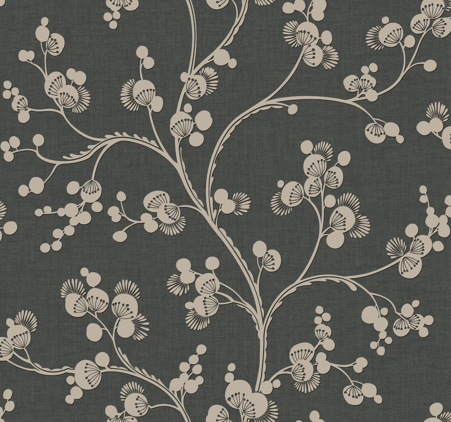 Black and taupe textured wallpaper with a botanical vine pattern—twisting stems, rounded buds, and fan-shaped seed pods.