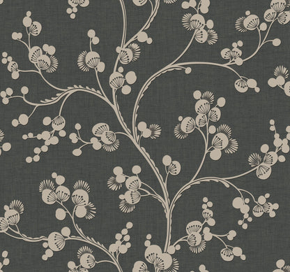 Black and taupe textured wallpaper with a botanical vine pattern—twisting stems, rounded buds, and fan-shaped seed pods.