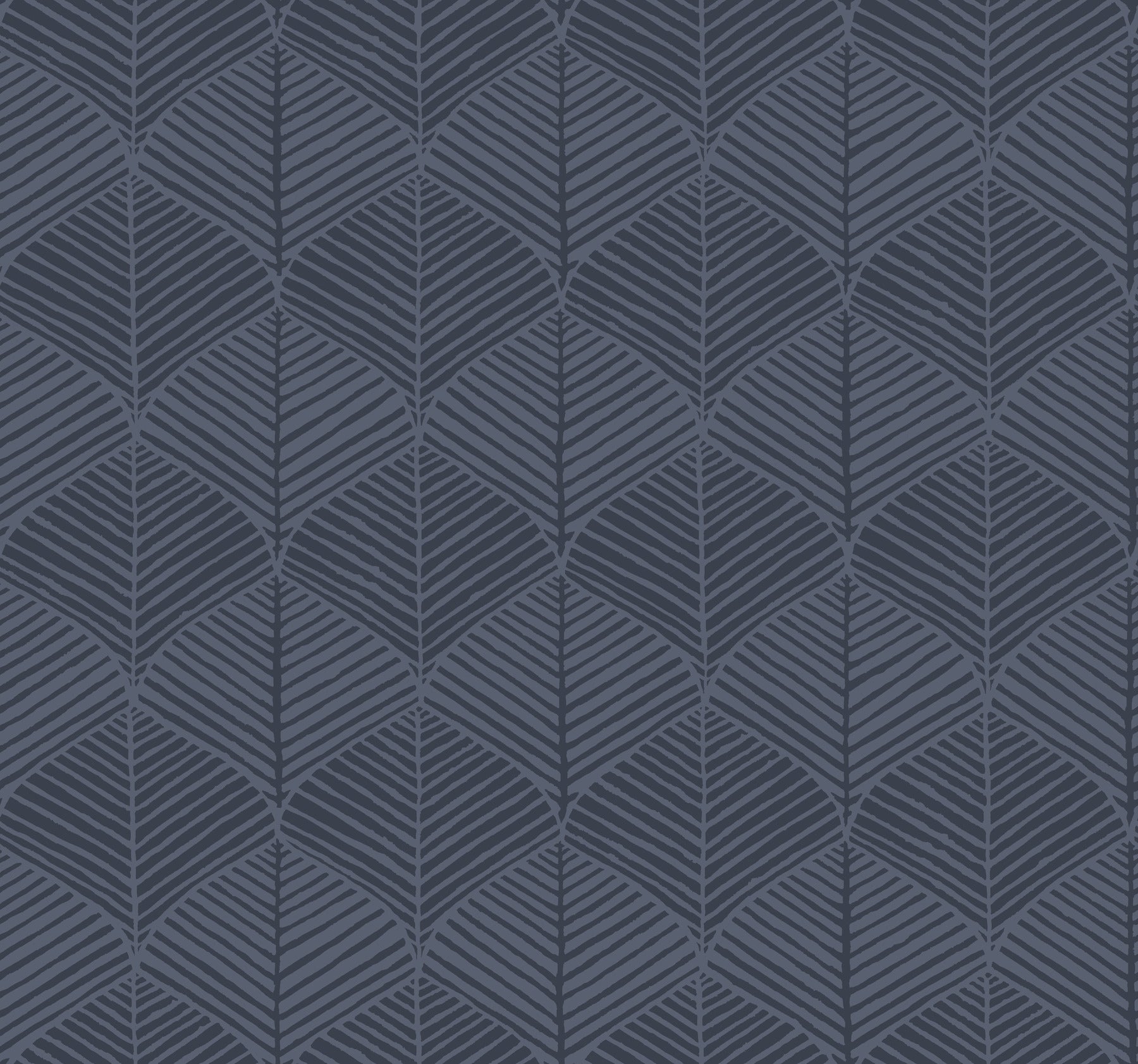 Dark navy pattern with repeating light-blue leaf-shaped chevrons in a geometric damask-style design.
