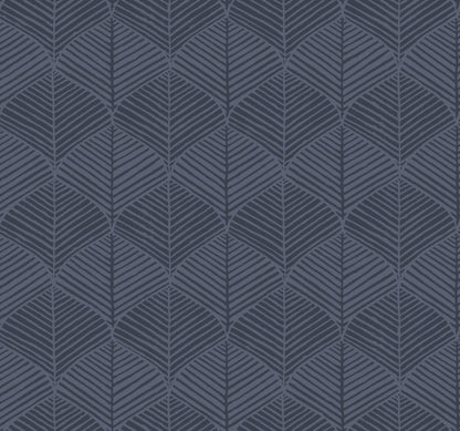 Dark navy pattern with repeating light-blue leaf-shaped chevrons in a geometric damask-style design.