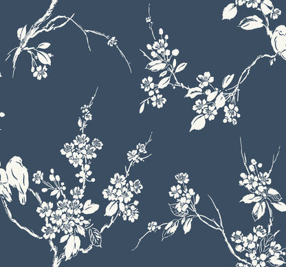 York Wallcoverings Inspired by Color Imperial Blossoms Branch Navy Wallpaper  Animals Blues   - SS2592