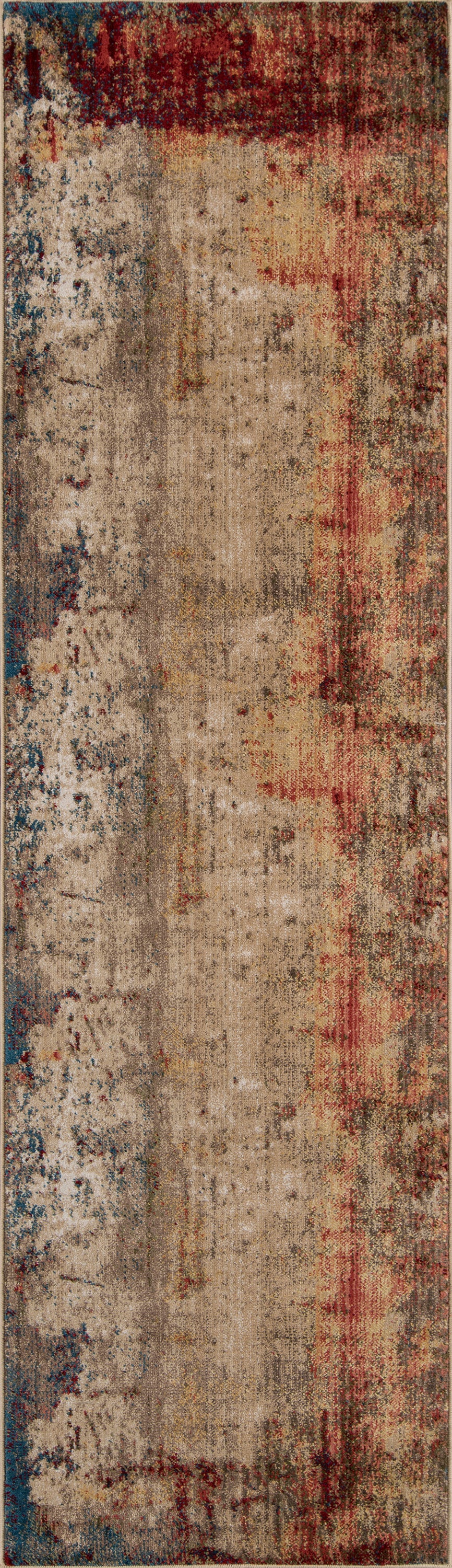 Abstract distressed beige rug with red and blue accents; modern vintage look, low-pile.
