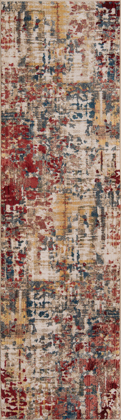 Rectangular distressed abstract runner rug in cream and beige with red, blue and mustard accents; vintage-inspired style.