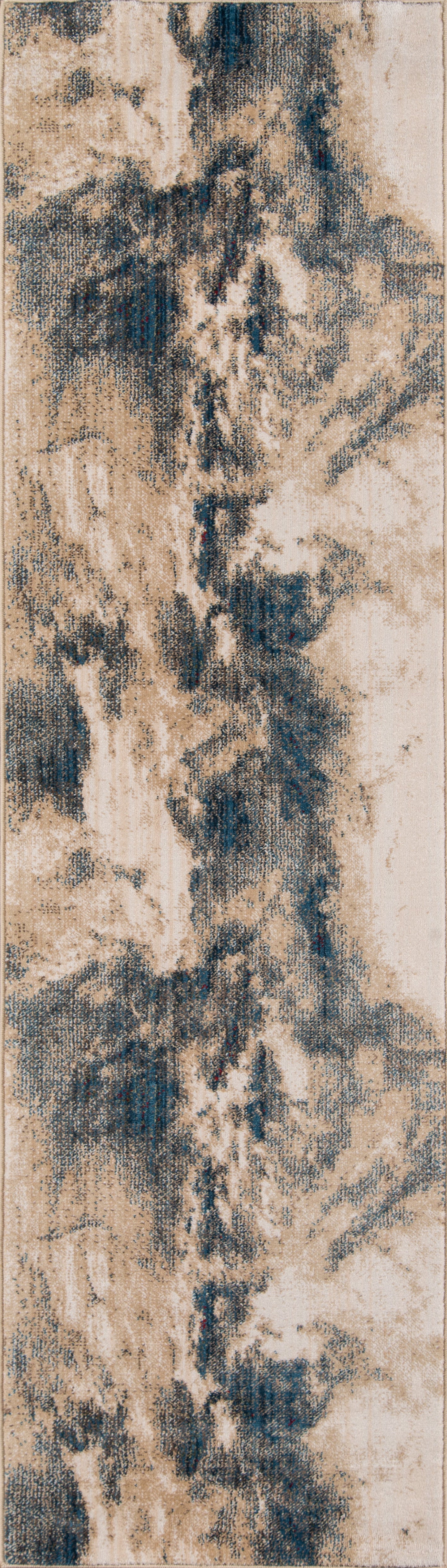 Rectangular beige and blue abstract rug with distressed marbled pattern.