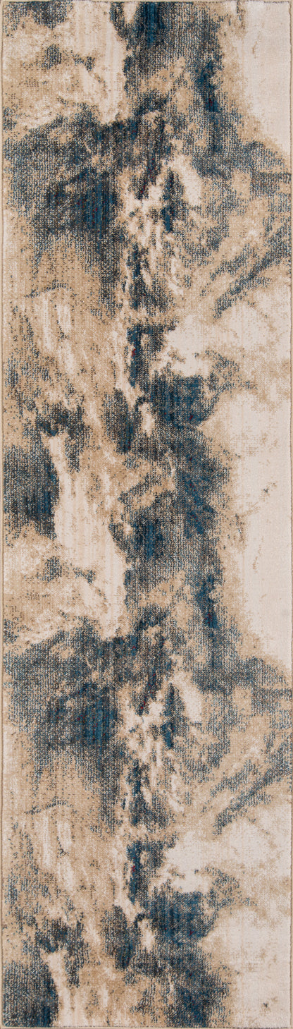 Beige and navy blue abstract patterned rug with marbled texture.