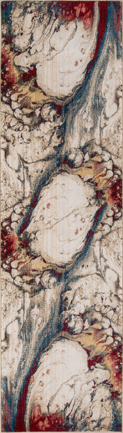 Long runner rug with abstract canyon rock pattern in cream, tan, red and teal-blue; textured woven textile.