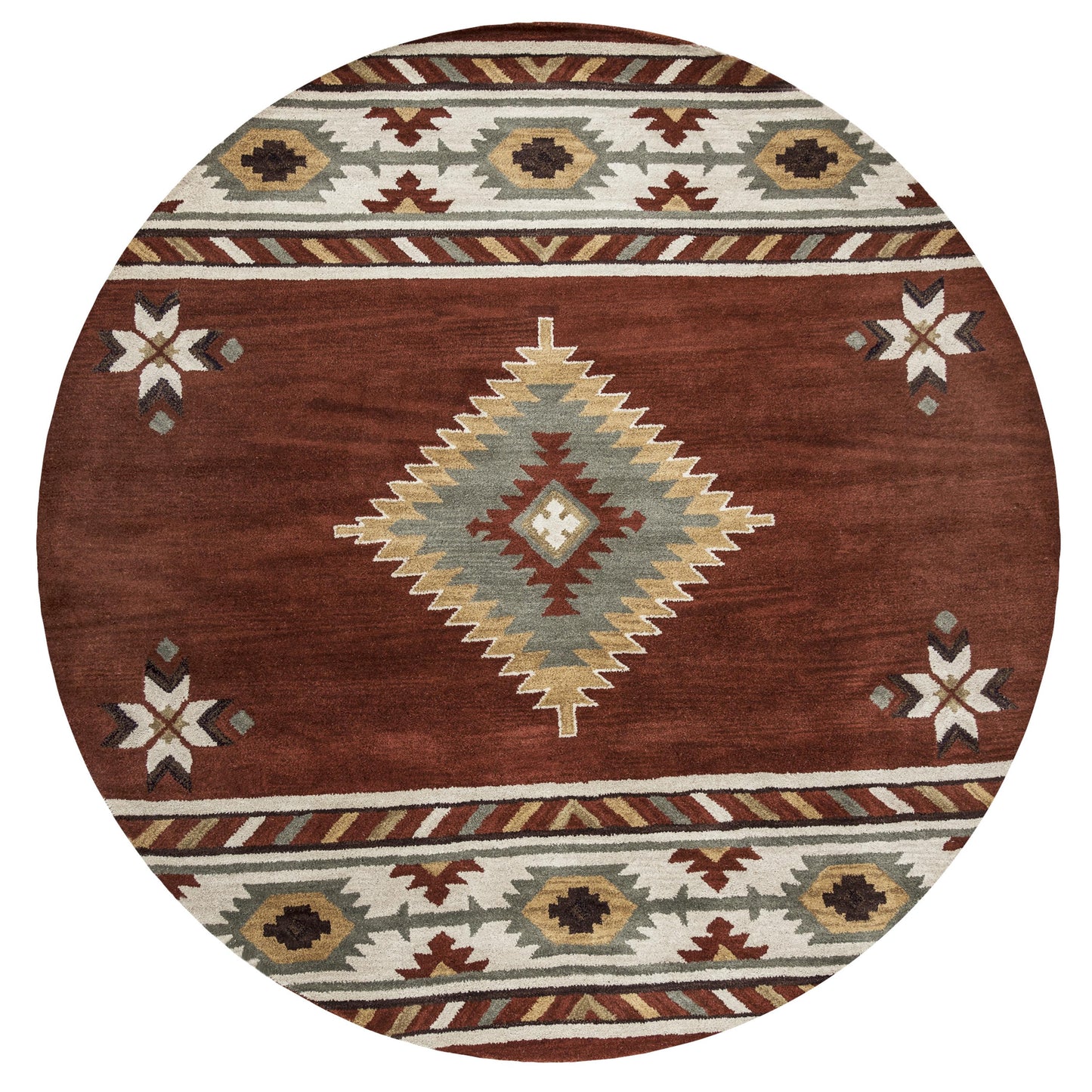 Round rug, 8' diameter, Southwestern rustic lodge design.
