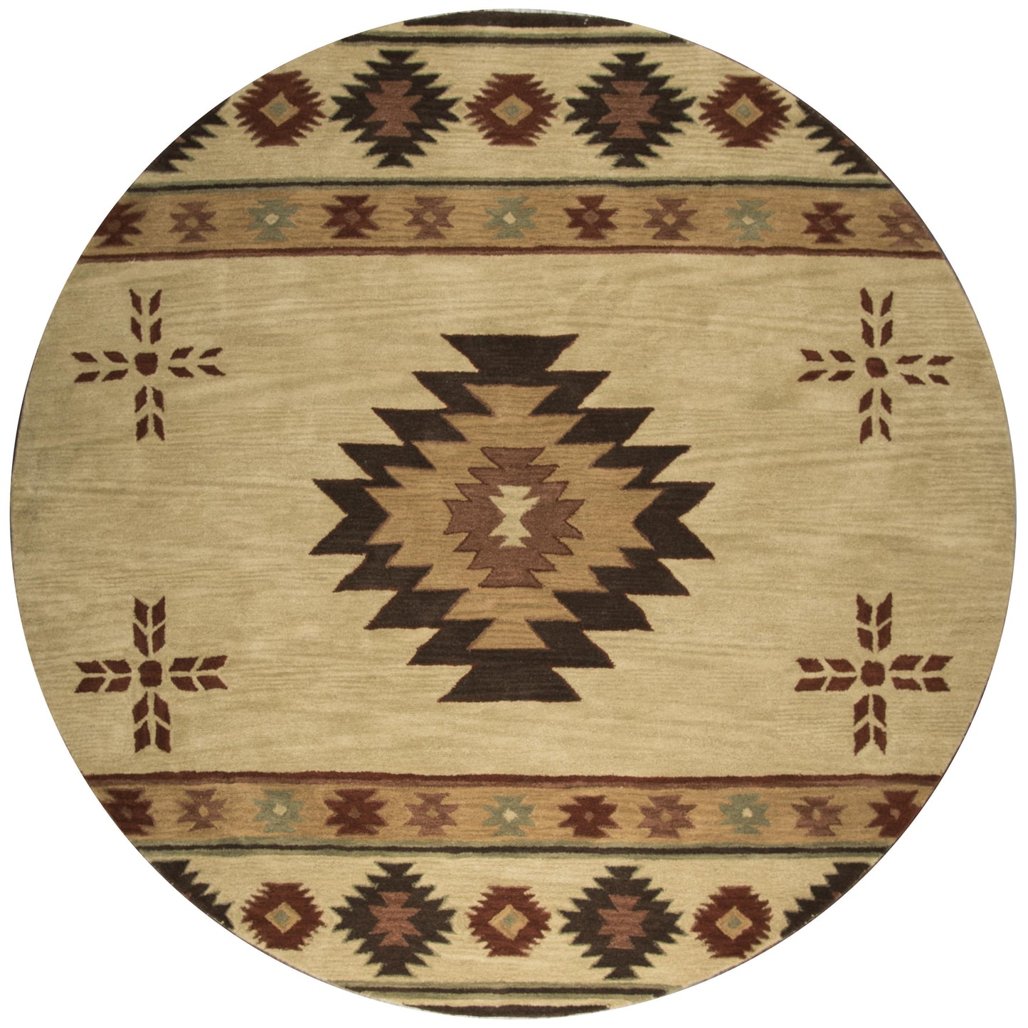 Southwest rustic lodge style round rug, 8' diameter.