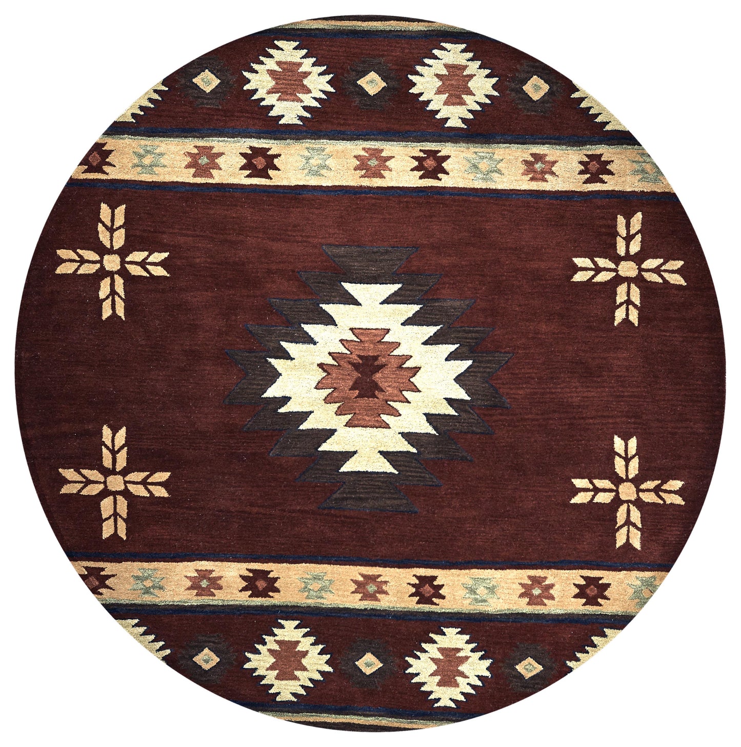 Round rug, 8 ft diameter, Southwest rustic lodge style.