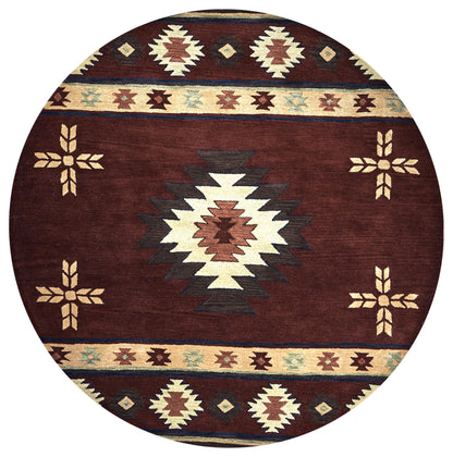 Round rug, 8 ft diameter, Southwest rustic lodge style.