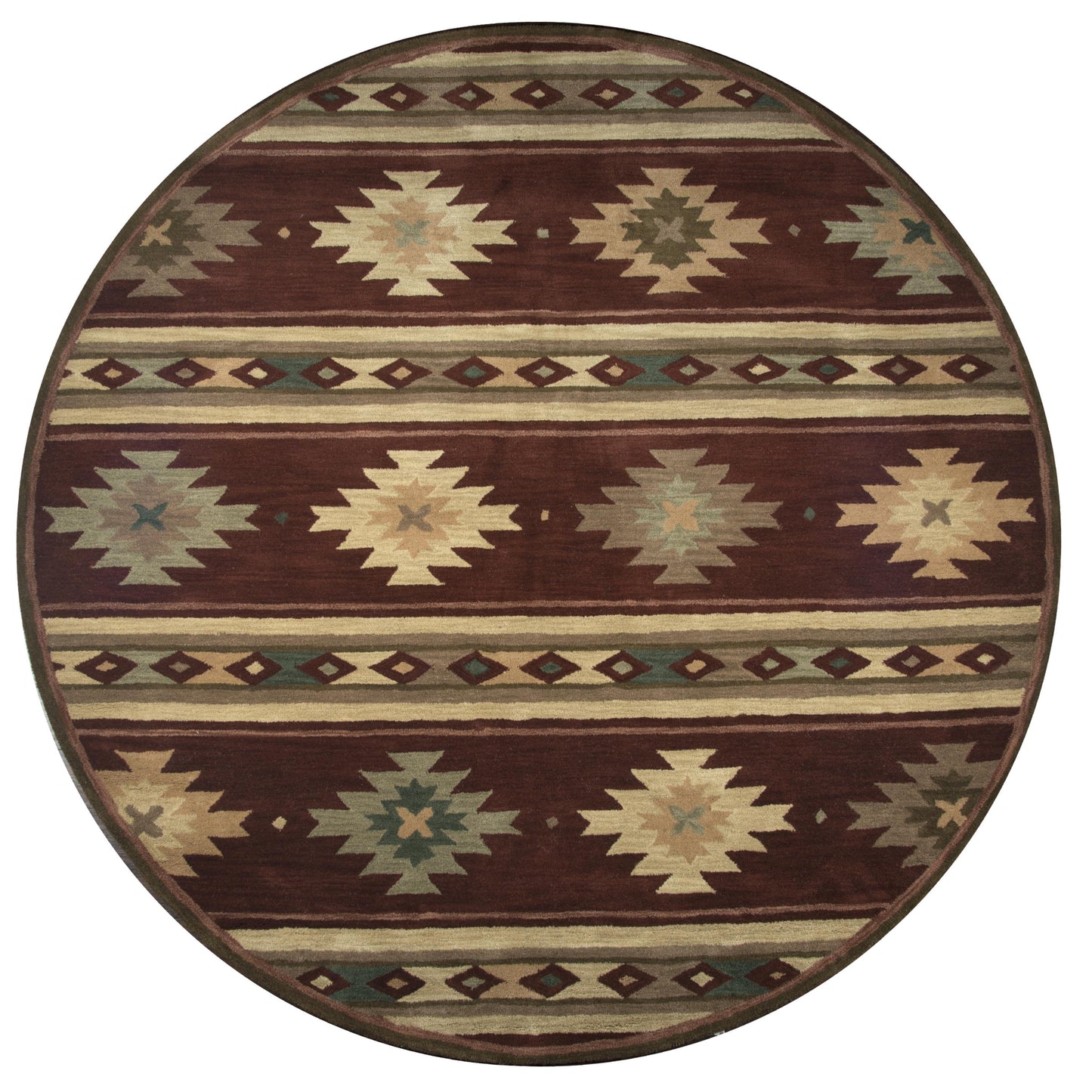 8' round rug in Southwest Rustic Lodge pattern.