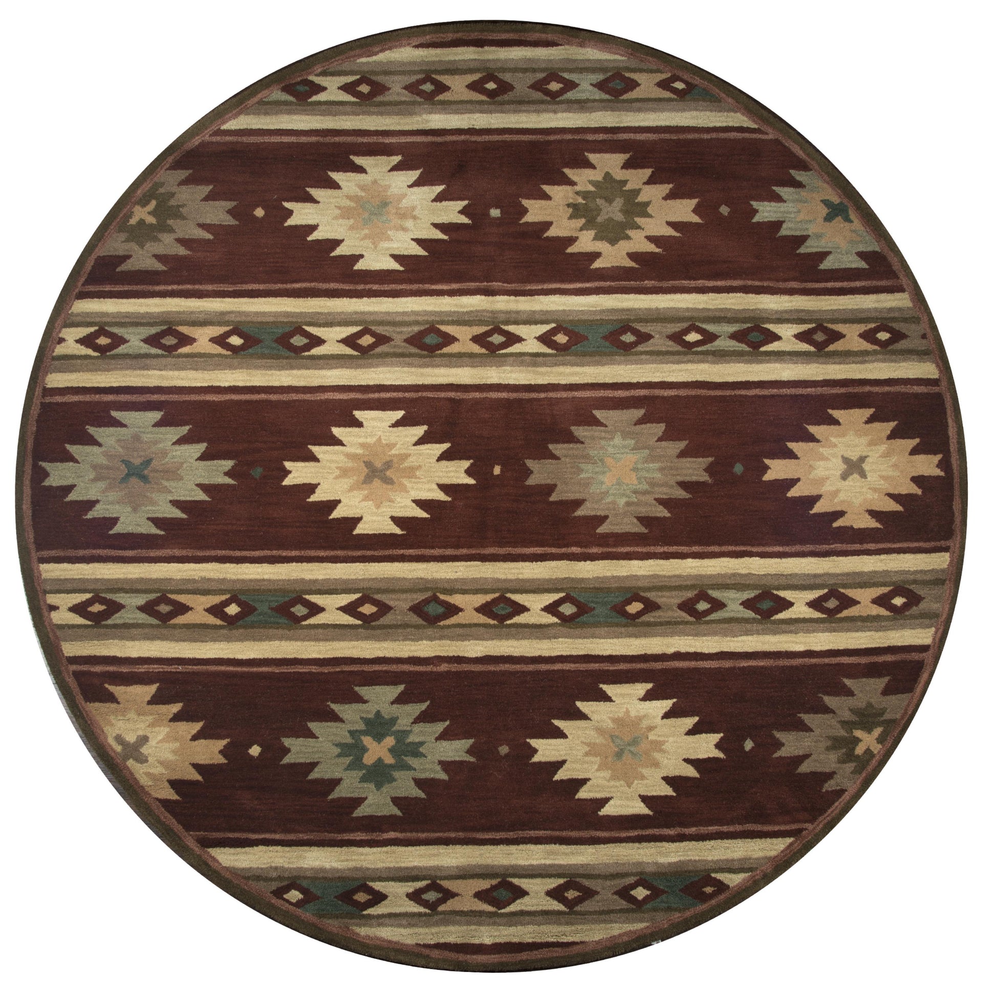 8' round rug in Southwest Rustic Lodge pattern.