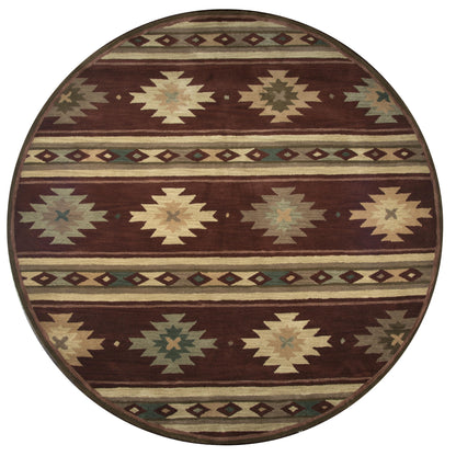 8' round rug in Southwest Rustic Lodge pattern.