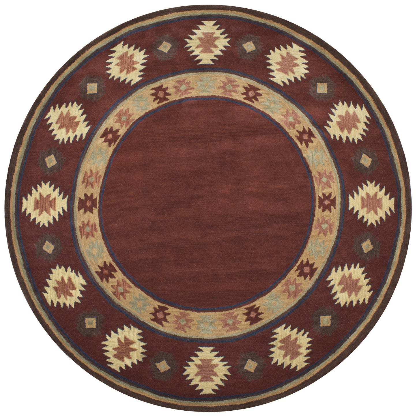 Round rug with Southwest rustic lodge pattern, 10' diameter.