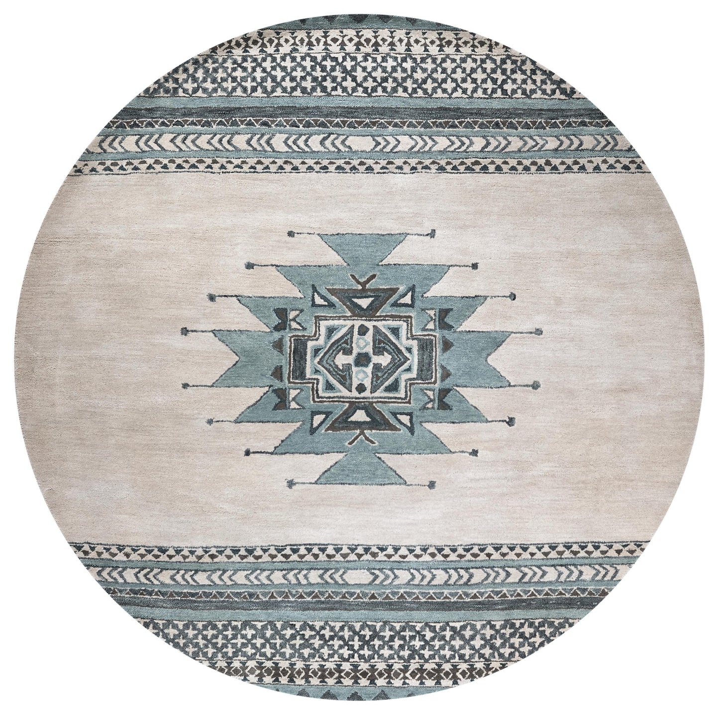 Round rug in Southwest Rustic Lodge style, 8' diameter.