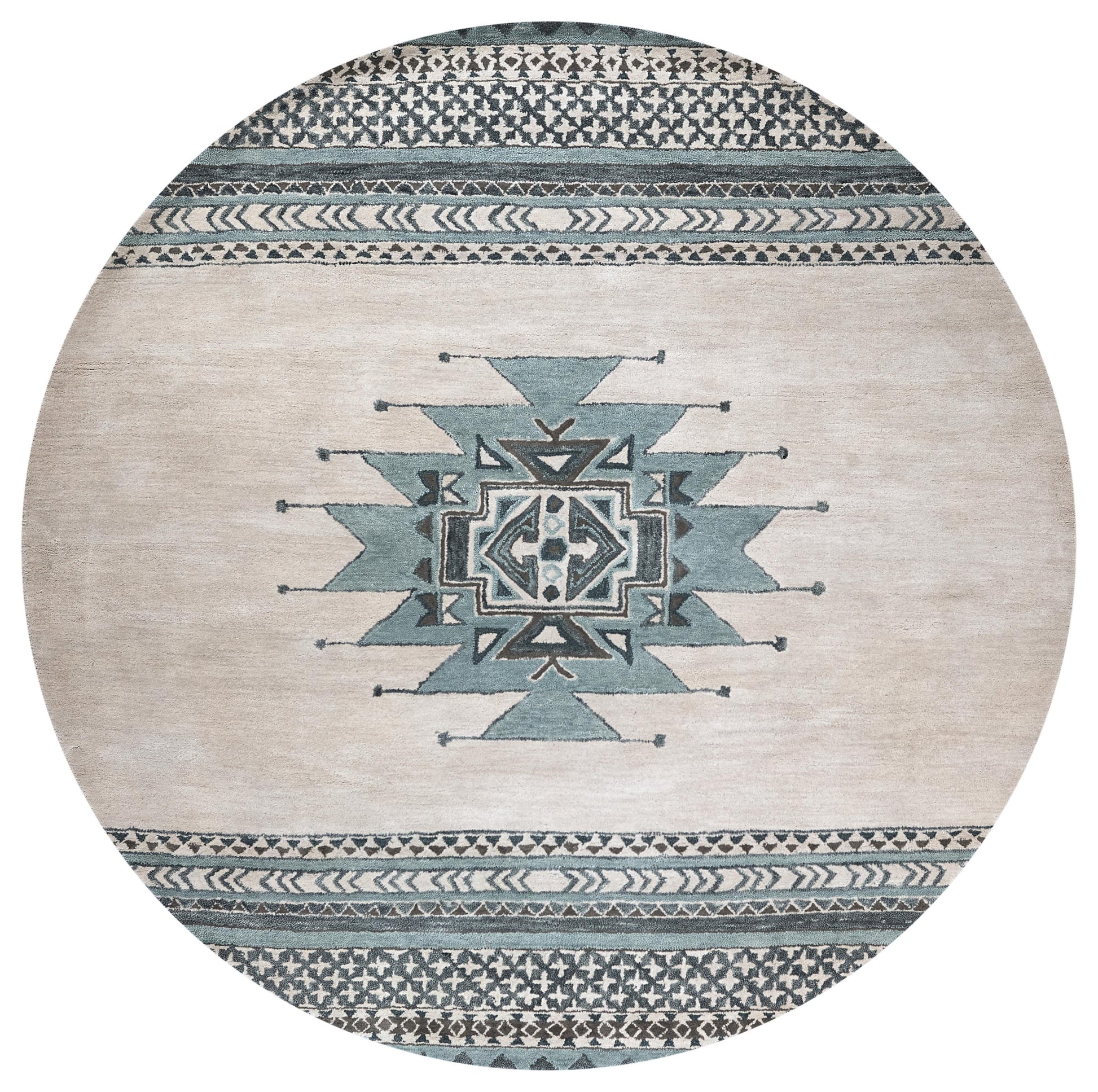 Round rug in Southwest Rustic Lodge style, 8' diameter.