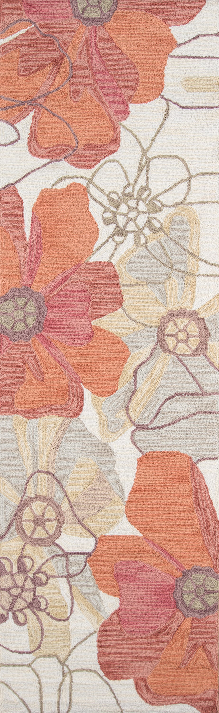 Textured area rug with oversized orange flowers on a cream background and beige stems.