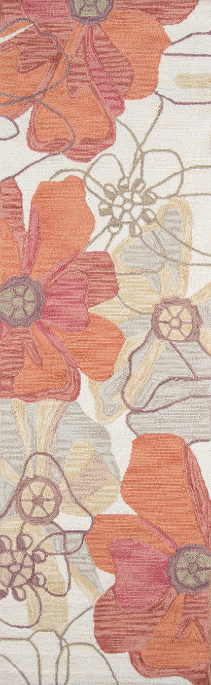 Textured area rug with oversized orange flowers on a cream background and beige stems.