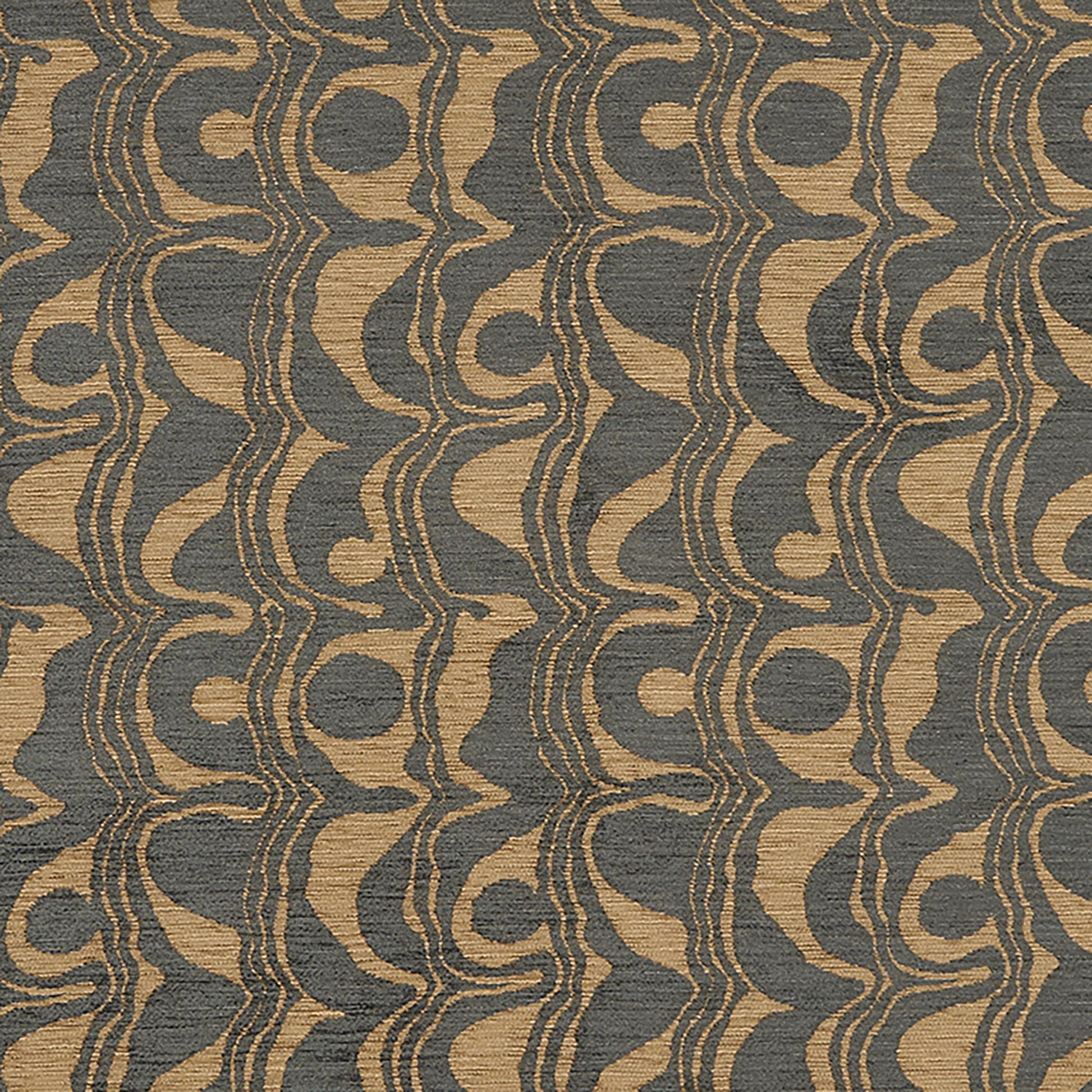 Charcoal gray and beige swirling damask-like upholstery fabric with abstract curved motifs
