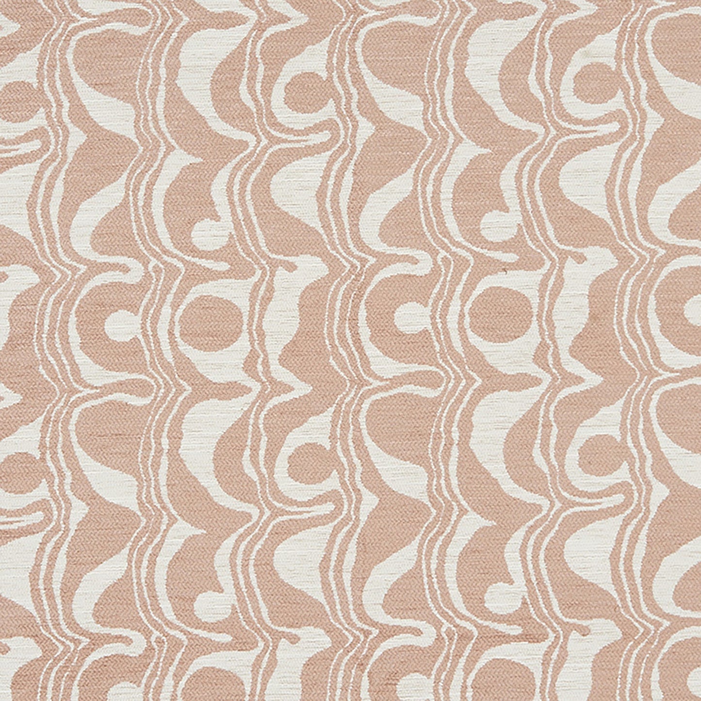 Pink swirl-patterned chenille fabric with abstract, wavy motifs; woven upholstery fabric for furniture, drapery, or cushions.
