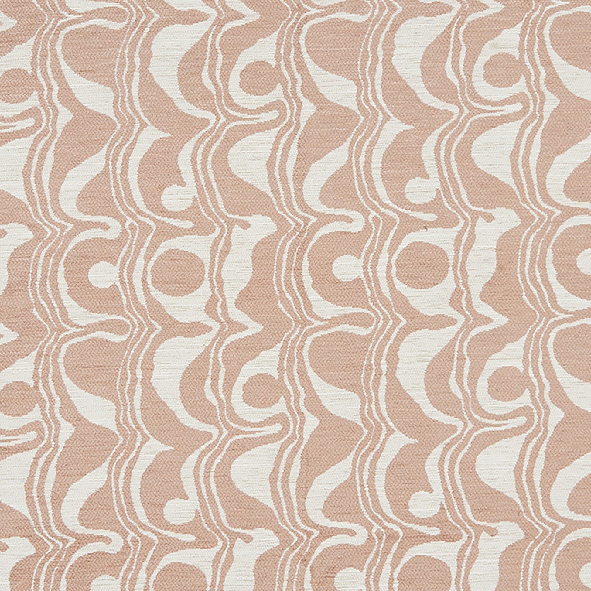Pink swirl-patterned chenille fabric with abstract, wavy motifs; woven upholstery fabric for furniture, drapery, or cushions.