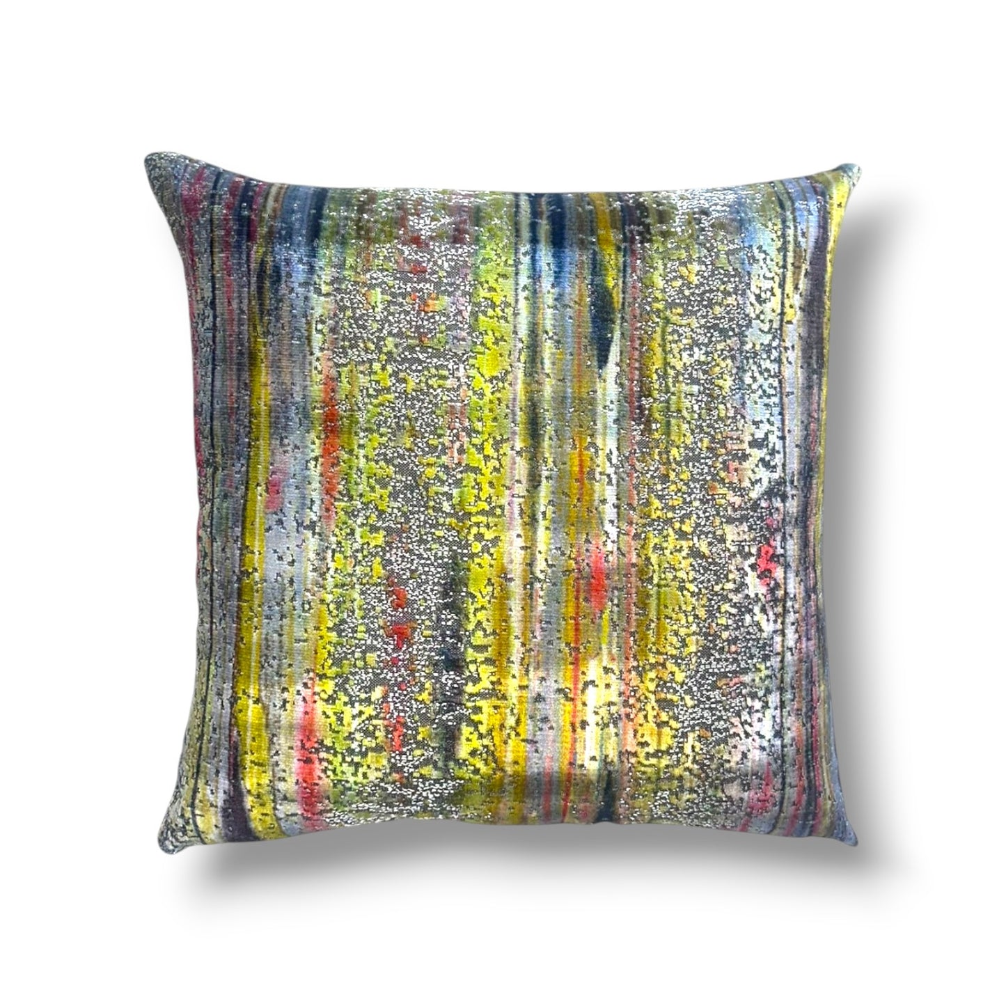 19" Blue, Light Green, Coral, and Gold Velvet Pillow Cover in S. Harris Brushstroke Velvet Coralstone Fabric