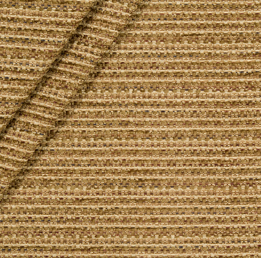 Beige-brown striped woven tweed upholstery fabric with a textured surface.
