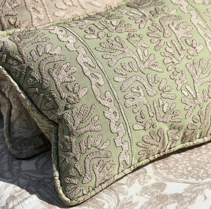 Harlequin Khorol Sage / Shiitake fabric (HQN3133905) from the Colour 3 line, showing its subtle linen‑texture weave, tonal sage and mushroom stitching, and soft drape — perfect for curtains, cushions, upholstery, and designer interiors.