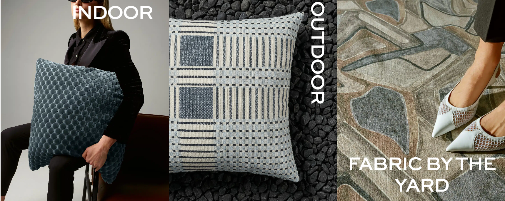 Fabric by the Yard promotional image with textured pillows and patterned rug.