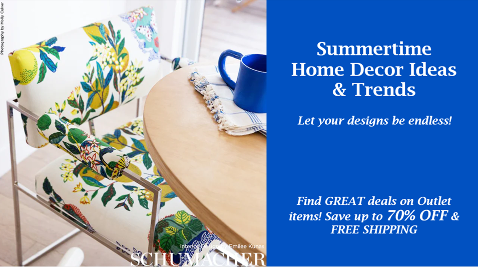 Decorative chairs with floral patterns on a table, promotional text for Schumacher outlet items.