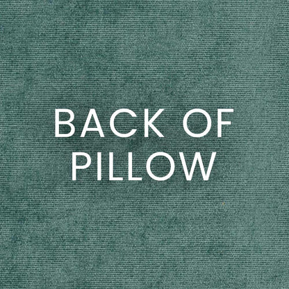 Teal textured pillow with white 'BACK OF PILLOW' text on the back.