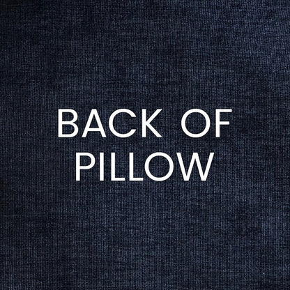 Dark navy denim-style fabric with white BACK OF PILLOW lettering across the surface