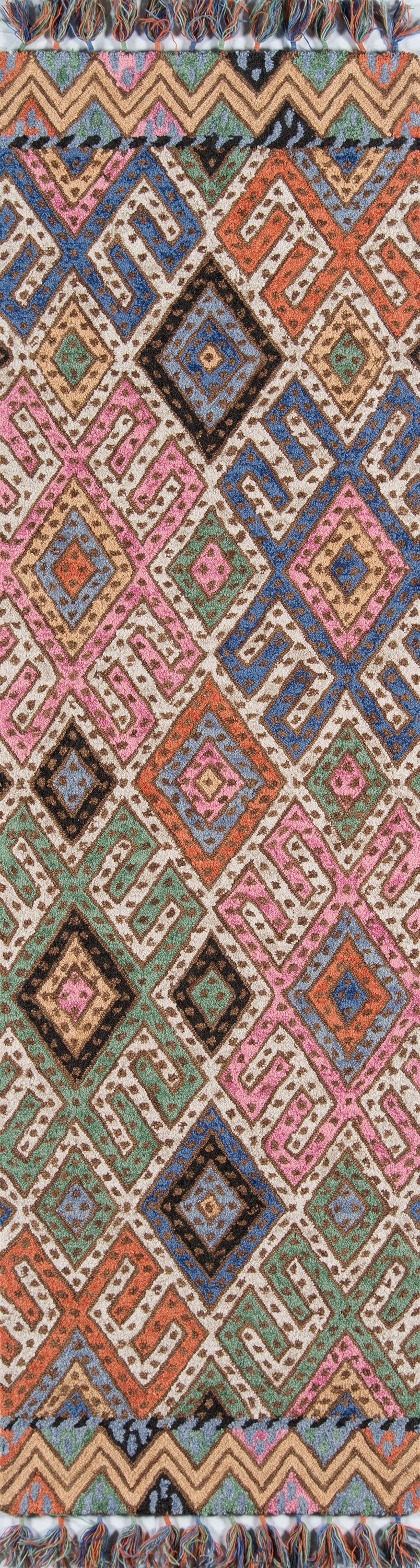 Boho-woven rug with vibrant diamond and zigzag geometric pattern in pink, blue, green and orange, with fringed edges.