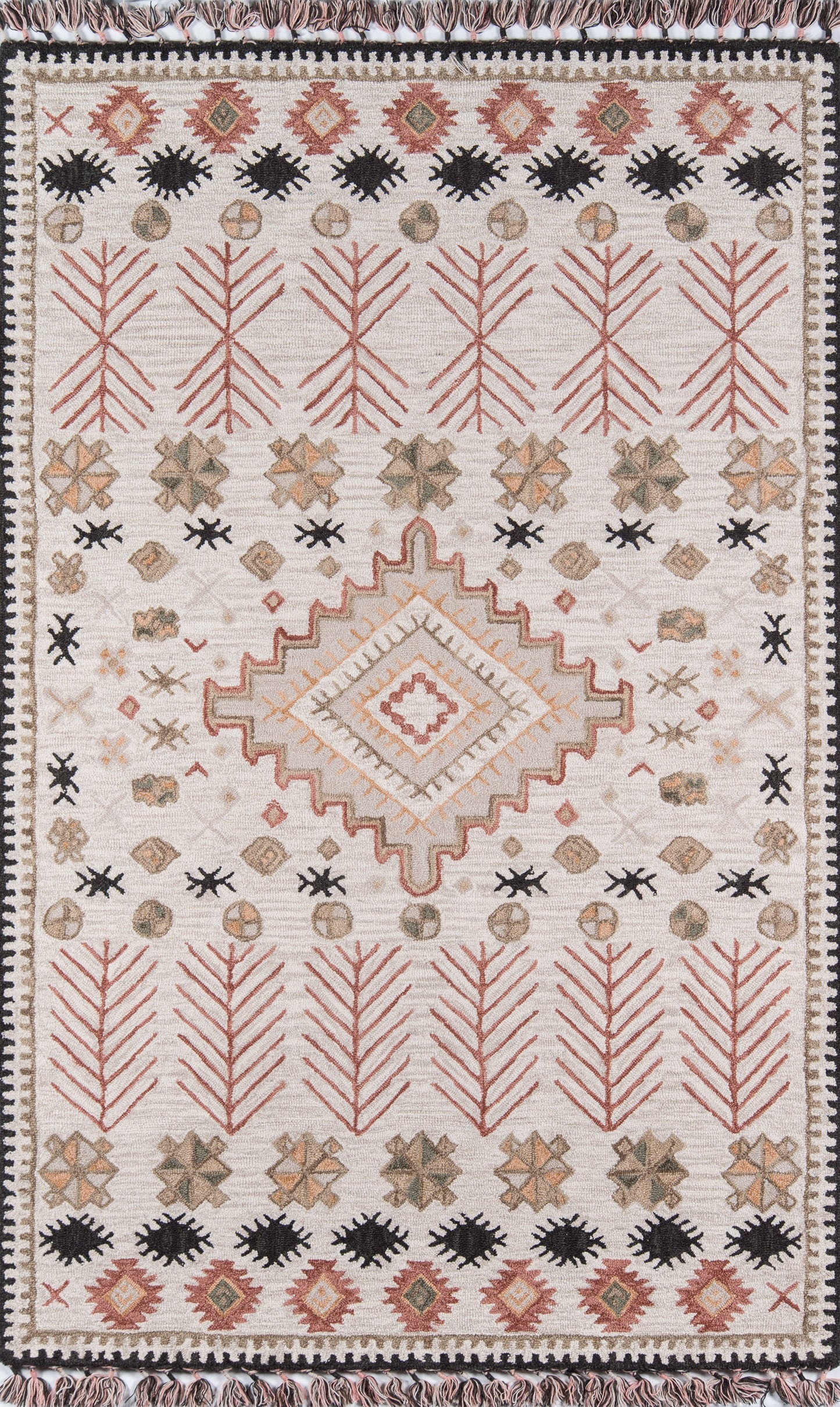 Cream rug with central diamond medallion, red palm branch motifs, black sunbursts, and geometric borders; fringed edges.