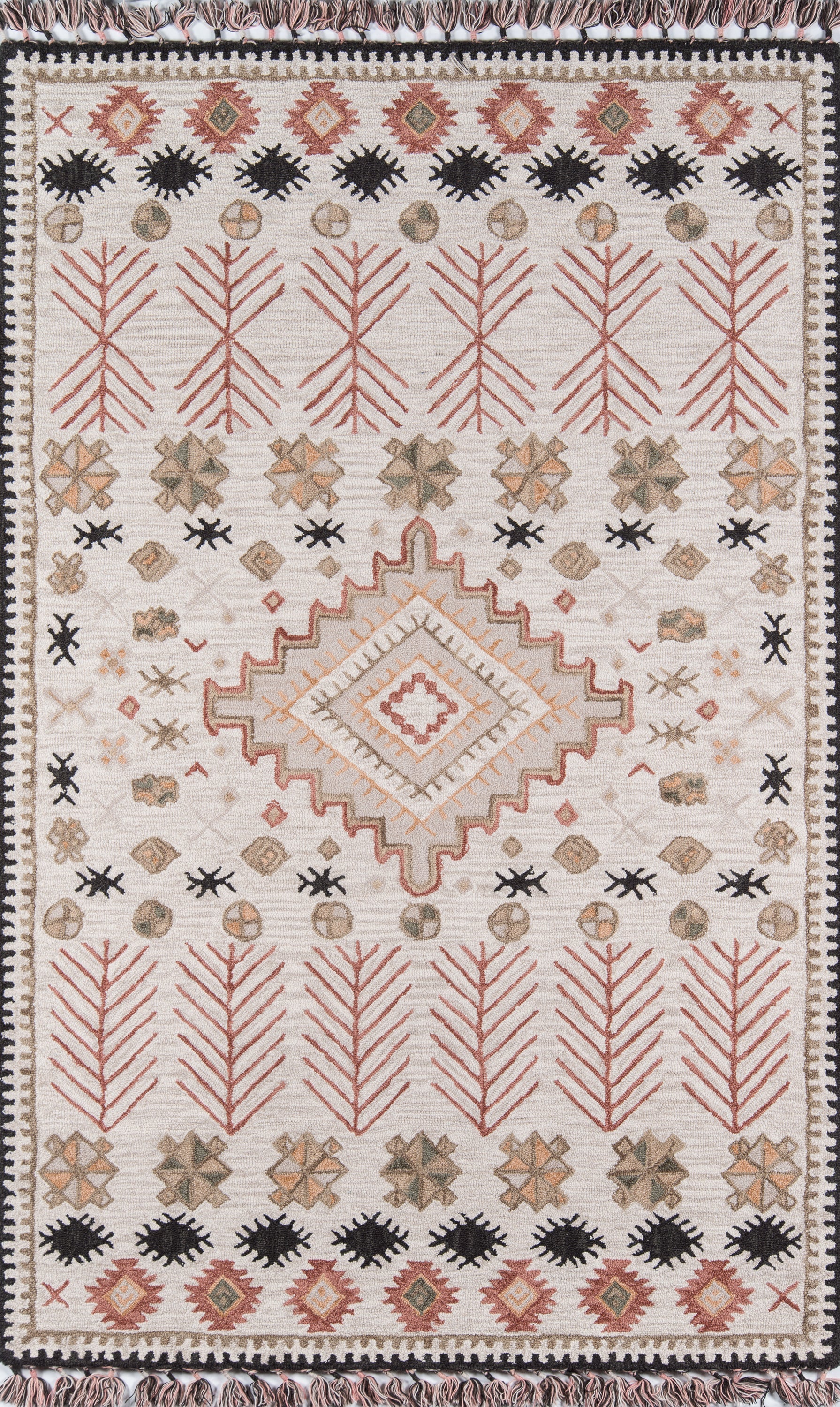 Cream rug with central diamond medallion, red palm branch motifs, black sunbursts, and geometric borders; fringed edges.