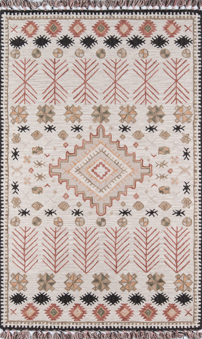 Cream rug with central diamond medallion, red palm branch motifs, black sunbursts, and geometric borders; fringed edges.