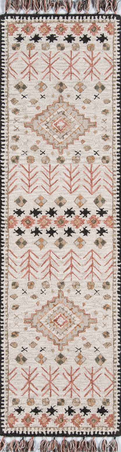 Southwestern runner rug with ivory field, large diamond medallions, pink-peach chevrons, tan accents, and black border motifs.