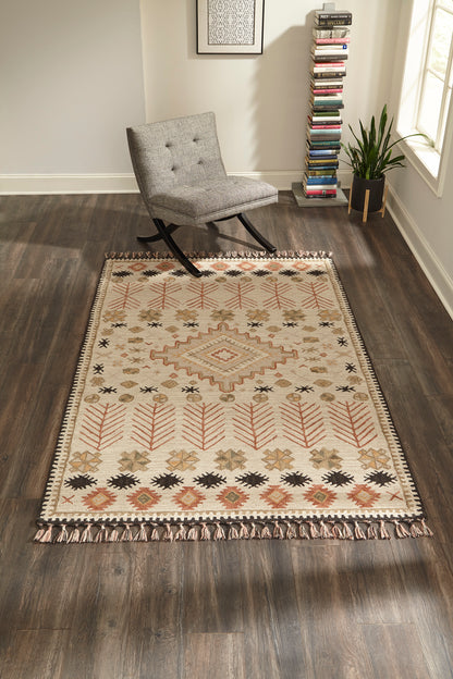 Cream Southwestern rug with geometric motifs and fringe in a sunny room, sized 7'6" x 9'6".