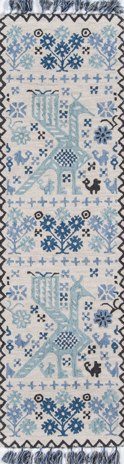 Blue & white decorative runner rug with floral & lattice motifs, black zigzag border, fringe ends.
